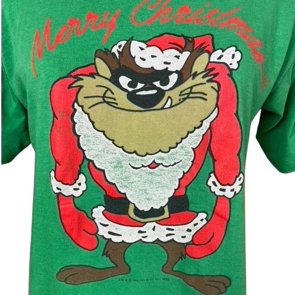 Vintage Christmas T-Shirt (M) 80s Single Stitch Looney Tunes Taz Devil Santa - Picture 4 of 10